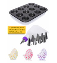 12'li Muffin Kek Kalıbı, Krema Torbası Ve 100 Adet Renkli Cupcake , Browni ,muffin Kağıdı Kalıbı Set