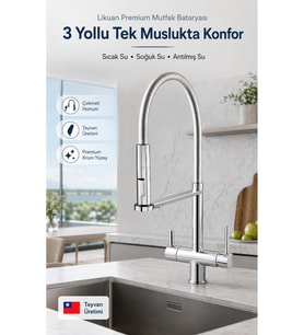 Likuan 3 Yollu Spiralli Krom Mutfak Bataryası Arıtmalı Çekmeli Evye Musluğu NKD52N12CP