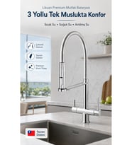 Likuan 3 Yollu Spiralli Krom Mutfak Bataryası Arıtmalı Çekmeli Evye Musluğu NKD52N12CP
