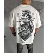 Erkek Kısa Kol Tişört Bisiklet Yaka Filistin Poşulu Baskılı T-Shirt - Beyaz
