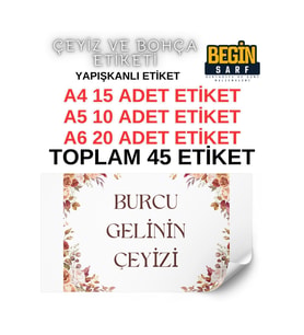 A4 A5 A6 45 Adet Çeyiz Bohça Koli Paket Etiketi Isme Özel Yapışlanlı Etiket 022