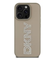Apple iPhone 15 Pro Max Uyumlu Kılıf DKNY Orjinal Lisanslı Taşlı DKNY Yazılı Metalik Rhinestones PU Deri Kapak (Kahverengi)