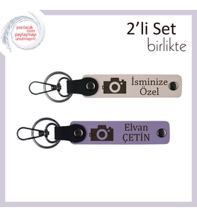Fotoğrafçılıkla İç İçe Bir Hediye, Kamera Desenli, İsme Özel Anahtarlık Hediyesi, Pudra-Mor Menekşe