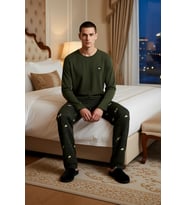 Erkek Haki Uzun Kollu Nakışlı Pijama Takımı Fonksiyonel Dayanıklı Kaliteli Konforlu Modern