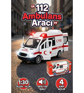 1:30 Metal Çek Bırak Ambulans Sesli Işıklı 4 Kapısı Açılan Oyuncak Model Araba 14cm