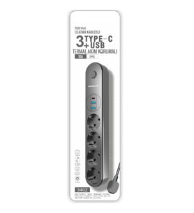 Termal Akım Korumalı 4 Prizli USB Girişli Uzatma Kablosu