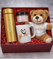 Kişiye Özel Termos & Peluş Ayıcık & Kupa & Kokulu Mum Hediye Seti Gold
