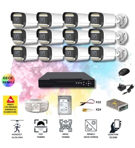 12 Kameralı Set - Yapay Zeka Özellikli Gece Renkli Gösteren 5MP SONY Lensli 12 Warm Ledli FULLHD Güvenlik Kamerası Seti 312W-116