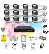12 Kameralı Set - Yapay Zeka Özellikli Gece Renkli Gösteren 5MP SONY Lensli 12 Warm Ledli FULLHD Güvenlik Kamerası Seti 312W-116