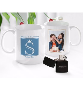 BK Gift Kişiye Özel Babalar Günü Hediyesi Fotoğraflı Kupa Bardak ve Benzinli Çakmak Seti-47 (Model 1)