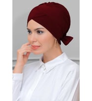 Bordo Pratik Hazır Geçmeli Tesettür Bone Sandy Kumaş Fiyonklu Çift Taraflı Tek Çapraz 1833_16