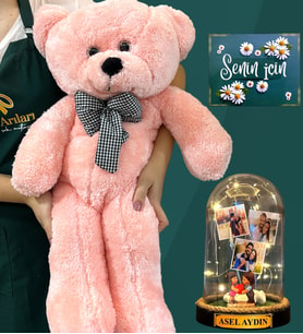 Kişiye Özel 3 Fotoğraflı, İsimli Led Işıklı Fanus ve Büyük Boy Pembe Peluş Ayıcık (Model 10)