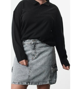 Büyük Beden Tarz Regular Dik Yaka Düşük Kol Crop Fermuarlı Selanik İnce Örme Sweatshirt
