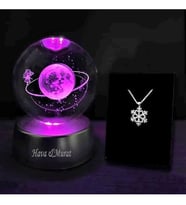 Kişiye Özel Satürn Işıklı Cam Küre 8cm*6cm Kar Tanesi Kolye Hediyeli