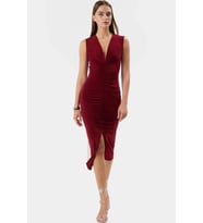 Şık Bodycon V Yaka Örme Midi Elbise Polyester Elastan Kumaştan Gündüz Ve Gece Rahat Kullanım (Bordo)