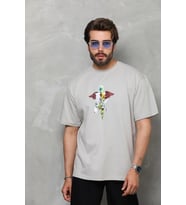 Erkek Baskılı T-Shirt Kısa Kol Bisiklet Yaka Regular Fit Rahat Kalıp Tişört - Gri