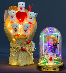 Size Özel Renkli Led Işıklı Fanus ve Led Işıklı Ayıcık Buketi Hediye Seti (Model 7)