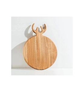 Yuvarlak Ahşap Bambu Kesim Panosu - Kesme Tahtası Geyik Boynuz Figür Saplı = 28 X 38 cm