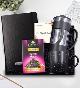 Kişiye Özel Siyah Defter & Siyah French Press & Beta Tea Karışık Meyve Bitki Çayı & Yıldızlı Siyah Mat Kupa Hediye Seti