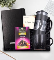 Kişiye Özel Siyah Defter & Siyah French Press & Beta Tea Karışık Meyve Bitki Çayı & Yıldızlı Siyah Mat Kupa Hediye Seti