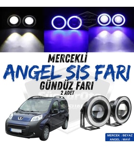 Peugeot Bipper 2008-2022 Uyumlu Mercekli Angel Sis Farı Metal 76 mm Mavi Halkalı Gündüz Farı 2 Adet