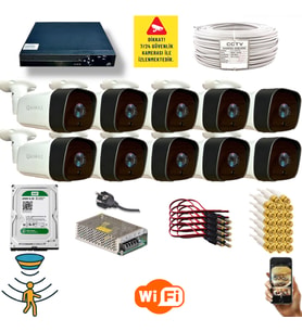 Qromax 10 Kamerali Set - Hareket Algilayan Gece Görüşlü 36 Ir Led 5mp Sony Lensli 1080p Full Hd Metal Kasa Güvenlik Kamerasi Seti 5236