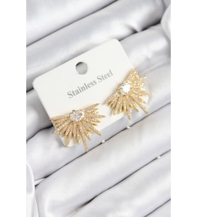 316L Çelik Zirkon Taşlı Yelpaze Model Gold Renk Kadın Küpe (Çok Renkli)