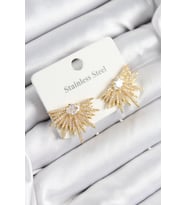 316L Çelik Zirkon Taşlı Yelpaze Model Gold Renk Kadın Küpe (Çok Renkli)