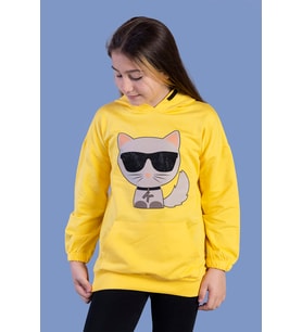 Toontoy Kız Çocuk Kedi Desenli Taş İşlemeli Kanguru Cepli Sweatshirt (Sarı)