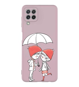 Samsung Galaxy M32 Uyumlu Lansman Kılıf Aşk Tasarımlı İçi Kadife Kapak-Pudra (Şeffaf)