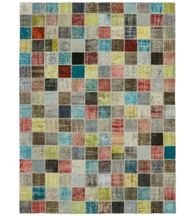 Gri Çok Renkli Patchwork Modern Salon Halısı El Dokuma Geometrik Dokulu Eskitme Stil