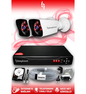 BAYICAM 2 Kameralı Kare 2 Dış Kamera Set 2 TB HDD Full HD Gece Görüşlü Güvenlik Kamerası Sistemi