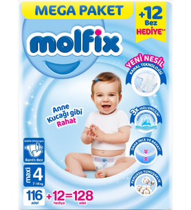 Molfix Bebek Bezi Beden:4 (7-14KG) Maxi 128 Adet Mega Pk