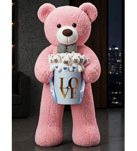 Dev 90cm Pembe Peluş Ayı + 15 Mavi Kalpli Mini Ayıcık Açık Mavi Love Kutusu Gender Reveal Baby Shower Sevgiliye Konsept Hediye
