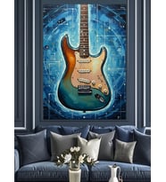 Elektro Gitar Mavi Boya Efekti Dekoratif Kanvas - Mdf Ahşap Tablo