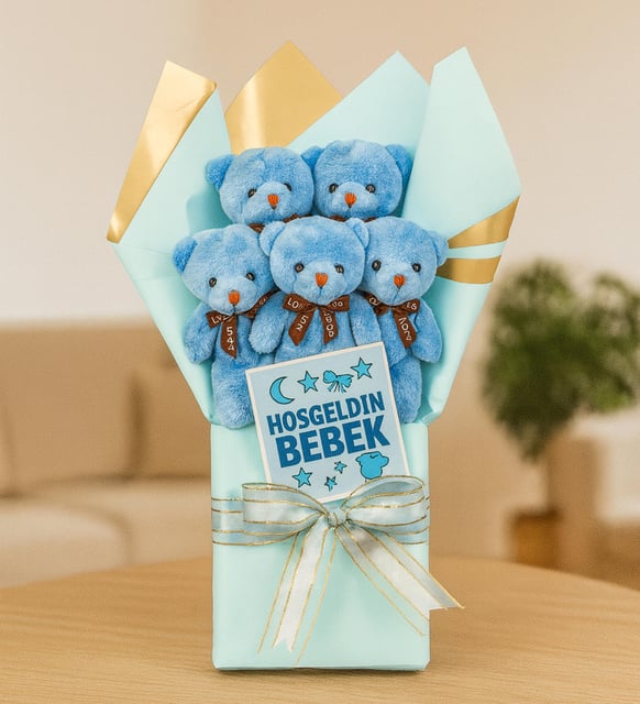 Hoşgeldin Bebek Tasarımlı Peluş Ayıcık Buketi (Mavi)