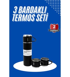 Termos Seti 3'lü Bardak Seti Isı Dayanıklı Siyah Paslanmaz Çelik Vakumlu