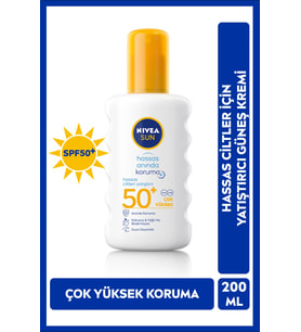 NIVEA SUN SPF50 Anında Güneş Koruyucu Sprey 200ml, Hassas Ciltler İçin Yatıştırıcı, UVA UVB Koruması