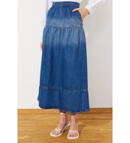 Moda Denim Düz Desen Günlük Midi Boy Dikiş Detaylı Yüksek Bel Maxi Denim Etek