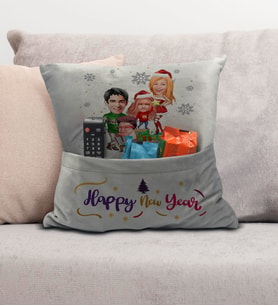 BK Gift Kişiye Özel Yılbaşı Karikatür Tasarımlı Organizer Kumanda ve Atıştırmalık Cepli Gri Kırlent Yastık- 5, Yılbaşı Hediyesi, Yeni Yıl Hediyeleri