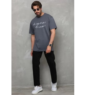 pilelistore- Unisex Bisiklet Yaka Baskılı Oversize T-Shirt - Füme
