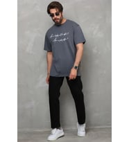 pilelistore- Unisex Bisiklet Yaka Baskılı Oversize T-Shirt - Füme