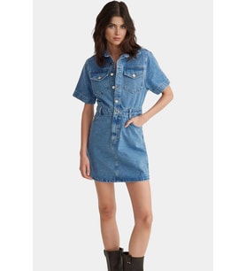 Pamuk Denim Gömlek Elbise Midi Boy Kısa Kollu Casual Stil Mükemmel Uyum Şık Görünüm (Açık Mavi)