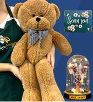 Kişiye Özel 3 Fotoğraflı, İsimli Led Işıklı Fanus ve Büyük Boy Kahve Peluş Ayıcık (Model 9)