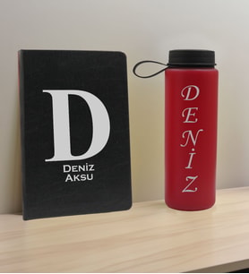 BK Gift Kişiye Özel İsimli Siyah Defter ve Kırmızı Cam Matara Hediye Seti-5, Sevgiliye Hediye, Arkadaşa Hediye, Yeni İş Hediyesi