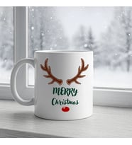 Merry Christmas Yazılı Geyik Boynuzlu Yılbaşı Kupası Model 212 Baskılı Seramik Kahve Kupası