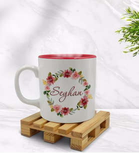 BK Gift Kişiye Özel Çiçek Tasarımlı İçi Kırmızı Renkli Kupa Bardak Model 19