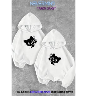 Sevgili Çift Kombini Sevimli Cat Ön Baskılı Kapüşonlu Sweatshirt 2li Set Takım (Beyaz)