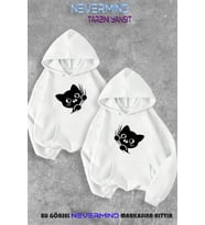 Sevgili Çift Kombini Sevimli Cat Ön Baskılı Kapüşonlu Sweatshirt 2li Set Takım (Beyaz)