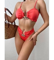 Mercan Rengi Tokalı İtalyan Kumaş Bikini Takımı